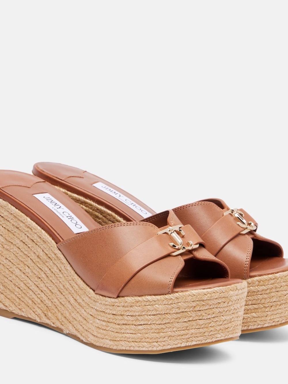Jimmy Choo Cognac Leather Espadrille Wedge Slides with Gold Buckle